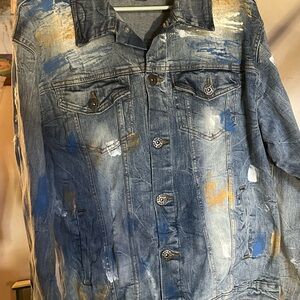 HP Men's Blue and Tan Distressed Denim Jacket